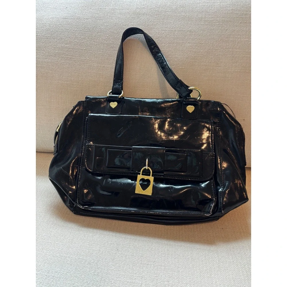 Vintage Y2K Betsey Johnson Satchel Bag Black Patent Bow Heart Padlock Rocker